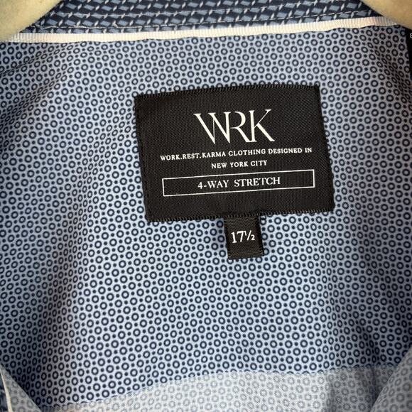 WRK 4 Way Stretch Mens L Button down Long sleeve Blue Dress Shirt 17.5/ L Circle - Picture 2 of 7